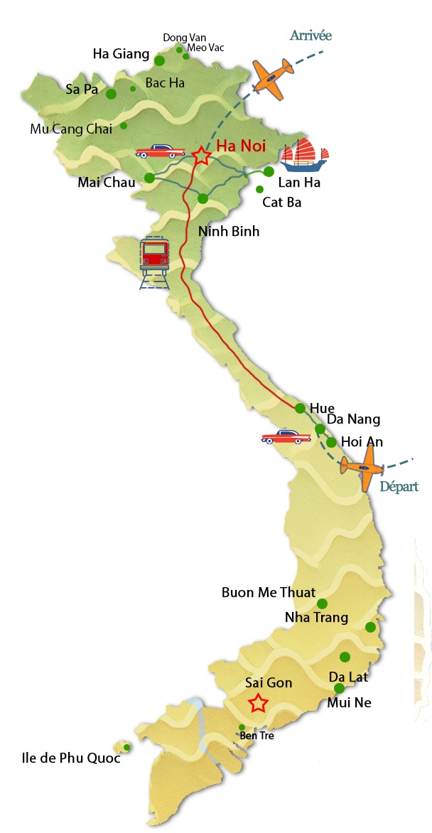 Itin&eacute;raire au Vietnam entre amis du Nord au Centre Carte du circuit